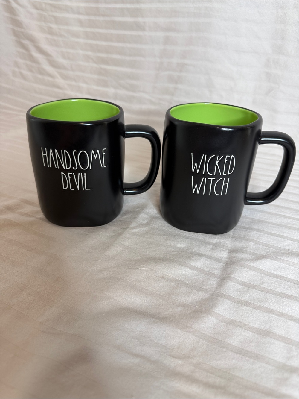Rae Dunn Black Mugs with Green Interiors - Handsome Devil & Wicked Witch Set